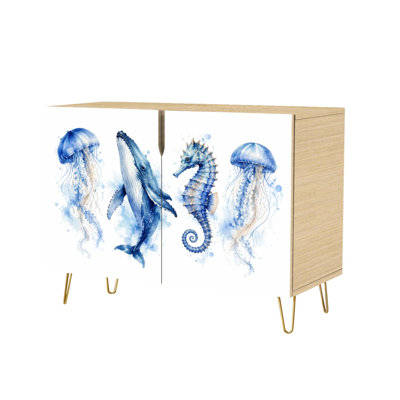 Sideboard Buffet Cabinet with Concealed Storage 2 Doors Sea Animals Watercolor Ocean Fish Whale Seahorse Multiuse Cabinet for Living Room, Kitchen and Coffee Bar