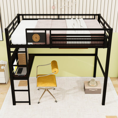 Minimalist Metal Loft Bed with Workspace, Storage and Charging Port