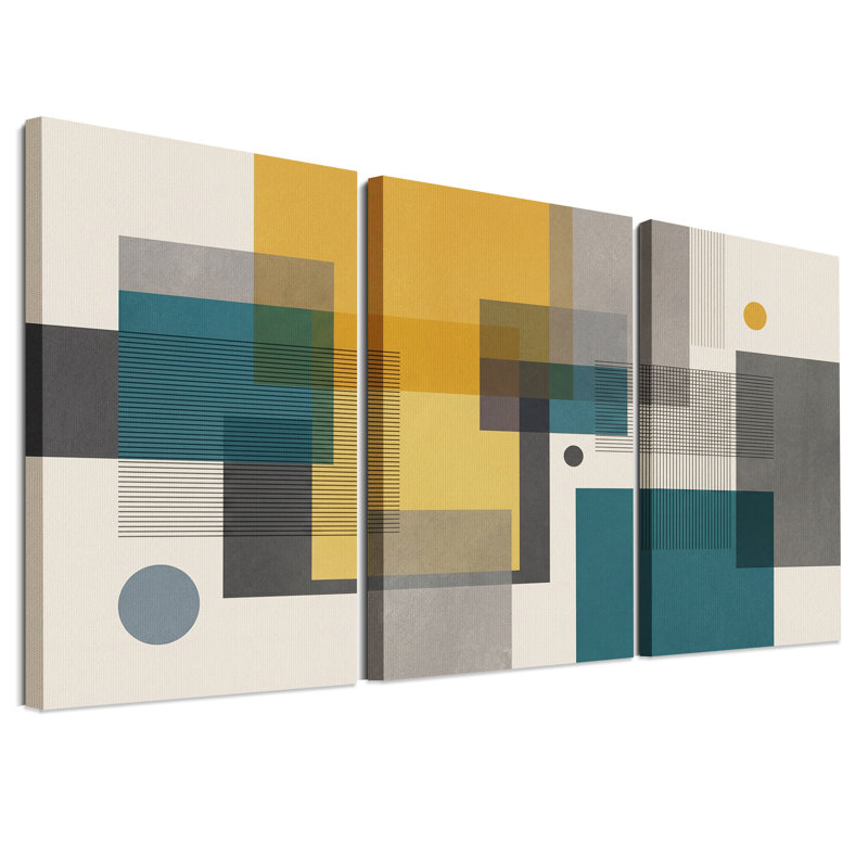 Ensemble de 3 toiles géométriques jaune moutarde et bleu sarcelle, 36"H x 24"W x 3pcs