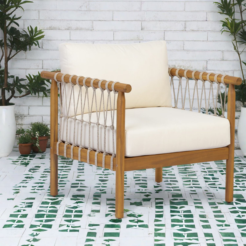 Fauteuils de jardin modernes, fauteuil en bois d'acacia au fini teck avec coussins