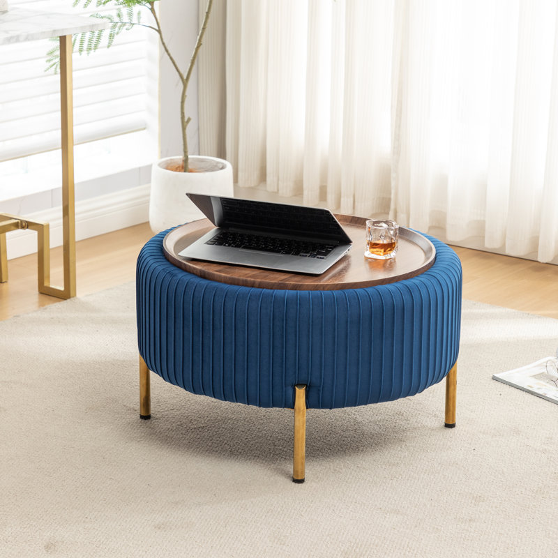 Miajah Upholstered Round Storage Ottoman, Blue