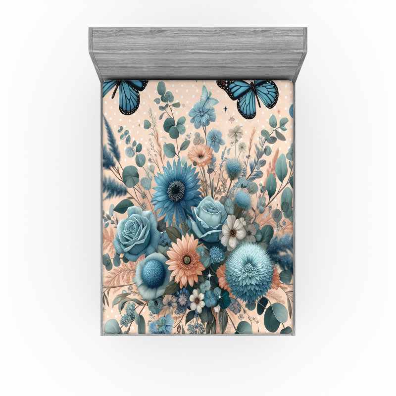 Drap-housse floral eucalyptus Ambesonne_ Joyeux printemps_ Rosé et bleu mer, Drap-housse de taille très grand