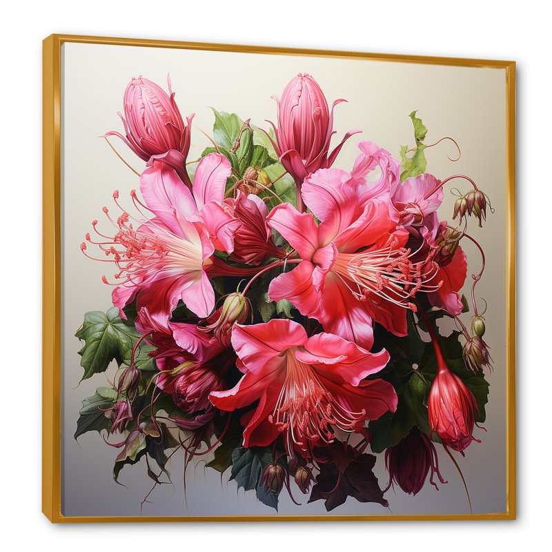 Fuchsia rétro rose, art mural Fuschia, Cadre flottant doré, H 16 po x l 16 po x P 1 po