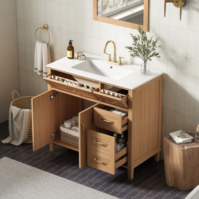 Bathroom Vanity With Ceramic Sink, Modern Natural Wood Grain Vanity, Solid Rubberwood Legs, Soft-Close Double Doors & 4 Drawers