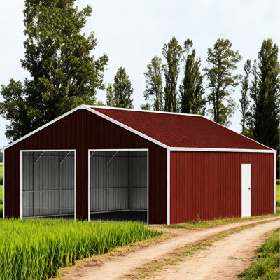 Garage en métal de 45 pi x 25 pi pour le rangement extérieur, tube carré galvanisé de calibre 14, 26 feuilles, toit renforcé, deux portes de 102 po et grange en acier à accès latéral double, cadre, tôle, toit, grand
