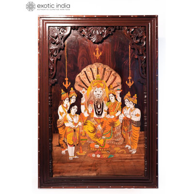 Panneau mural incrusté en bois 36 "Lord Narasimha & Lakshmi MySore 36"