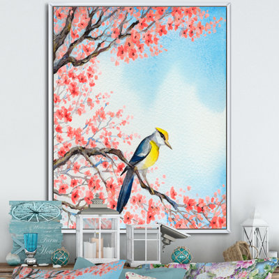 Bel oiseau rouge sur une branche en fleurs I - peinture sur toile