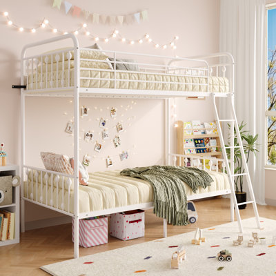 Twin Over Twin Vintage Metal Bunk Bed, Convertible into Two Side-by-Side Twin Beds with Full Guardrails
