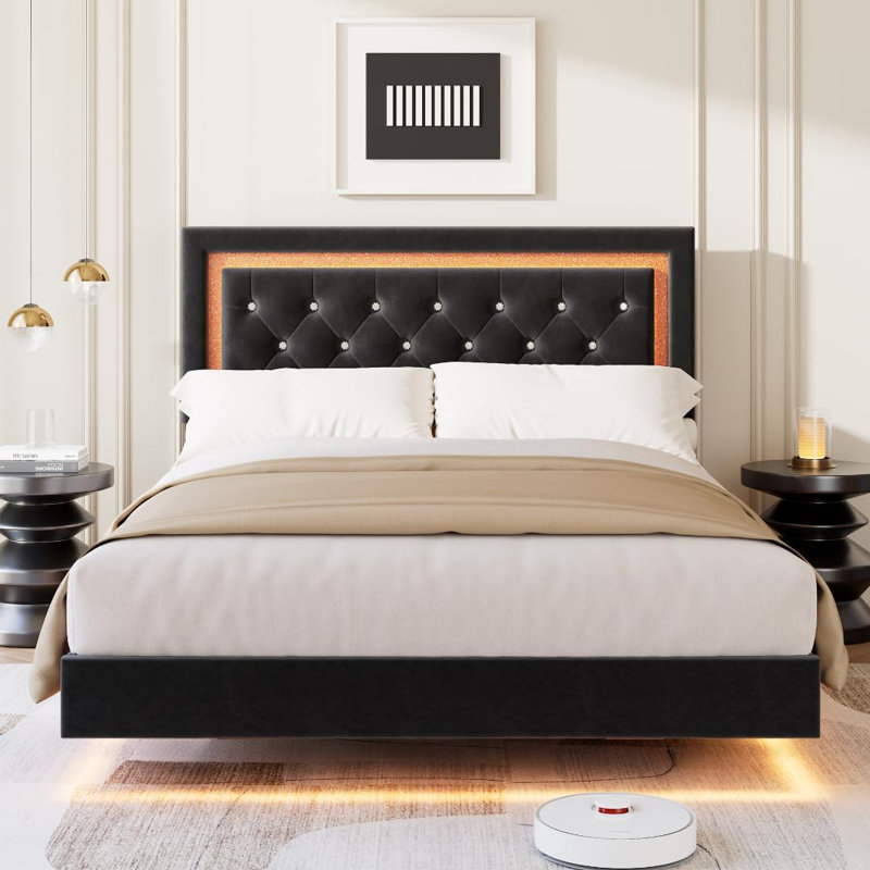 Cadre de lit flottant pour grand lit avec lumières DEL intelligentes, lit plateforme tapissier avec tête de lit Diamond, Noir