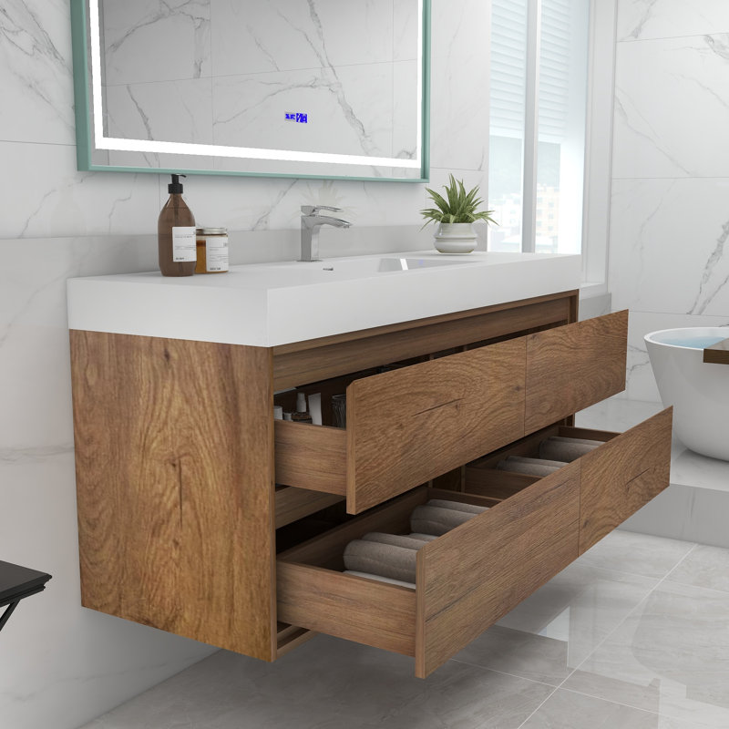 60'' Single Bathroom Vanity with Acrylic Top, Teak Oak