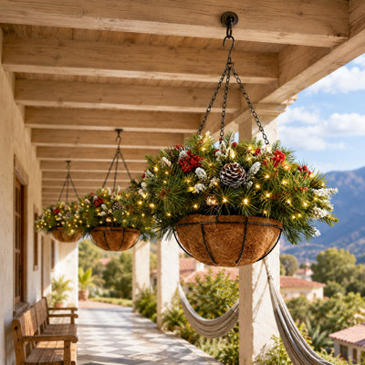 Artificial Christmas Hanging Basket with LED String Lights Pre-Lit Christmas Hanging Plant Basket Artificial Flowers Decor for Front Door Garden and Party