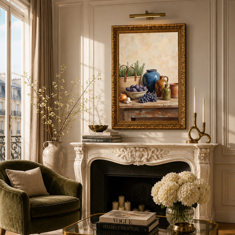 Figues violettes et raisins avec cruches en céramique sur toile de bois rustique, H 30 po x l 20 po