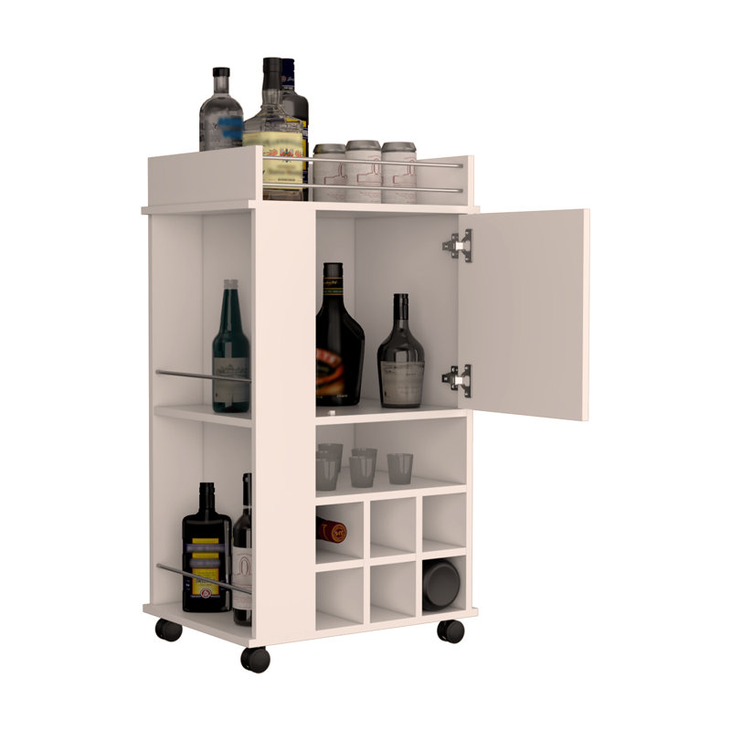 Chariot-bar avec armoire Fargo, 6 porte-bouteilles et roulettes intégrés, White