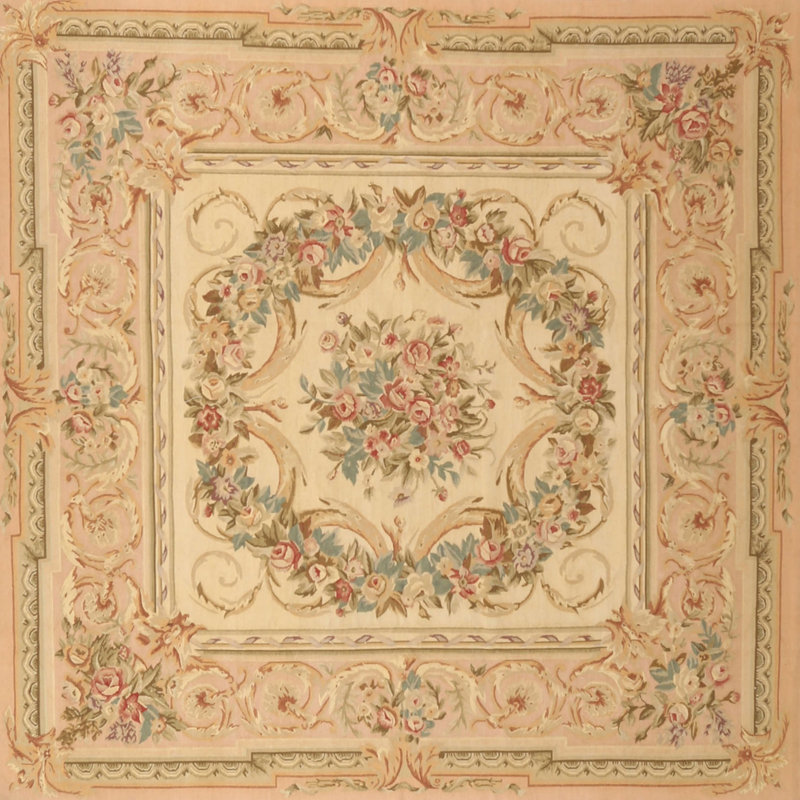 Tapis oriental beige / vert / rouge Bushra, Rond 8 pi