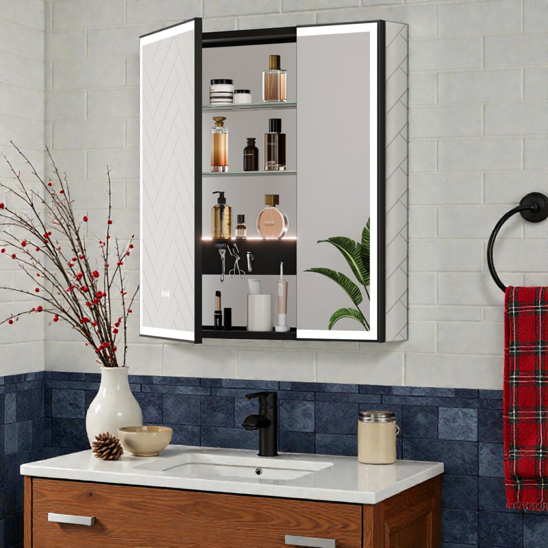Black Framed Medicine Cabinet with Lights and Mirror, Recessed/Surface, Plug-in/Hardwired, Outlets+USBs, 3 Colors/Dimmer/Inner Sensor Light/Defog, Magnetic Area