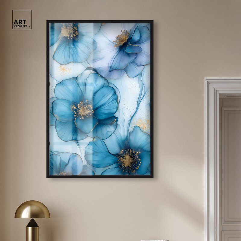 Art mural fleur de cyanescence dorée par Art Remedy, H 46 po x l 31 po, Noir