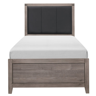 Twin Size Bed With Brown+Gray Finish And Upholstered Faux Leather Headboard Basket Brownish Gray Industrial Bedroom Design