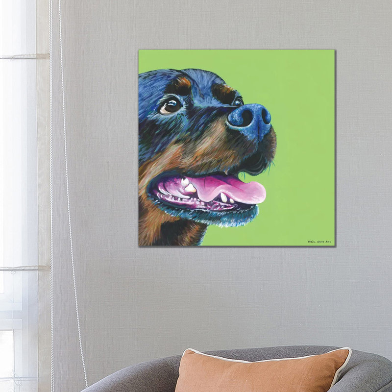 Rottweiller On Lime, Square by Kirstin Wood - Painting on Canvas, Wrapped Canvas, 45.72 cm H x 45.72 cm W x 3.175 cm D