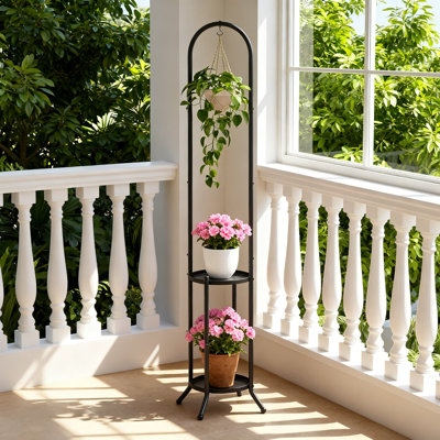 2-Tier Metal Plant Stand With Hanging Hook For Indoor And Outdoor Use, Space-Saving Plant Shelf For Potted Plants And Flowers