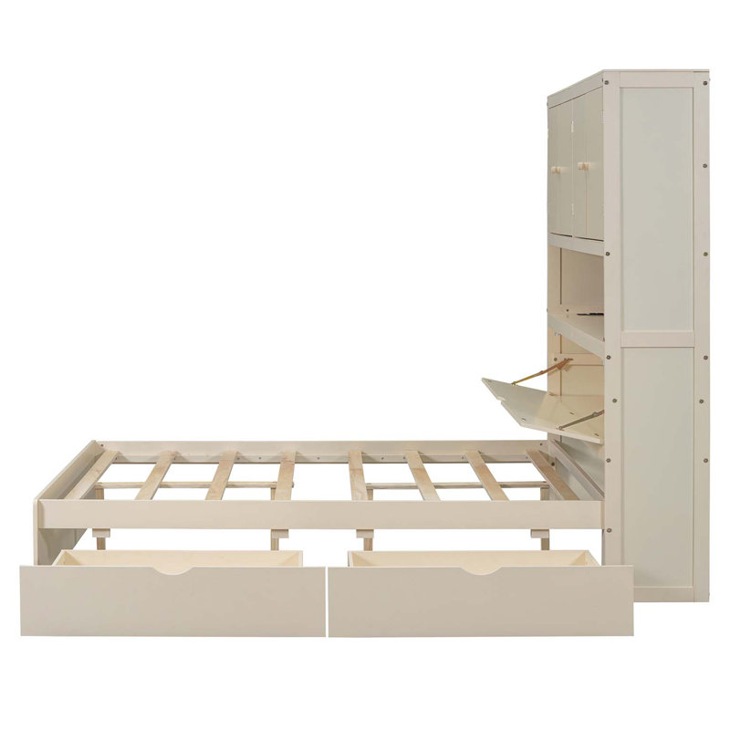 Lit plateforme double en bois avec USB, tête de lit et tiroirs de rangement, crème