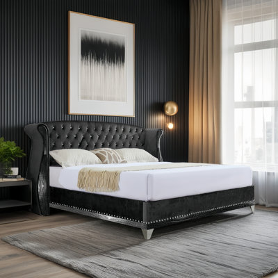 Sumi Velvet Upholstered Platform Bed With Button Tufting & Wooden Slats