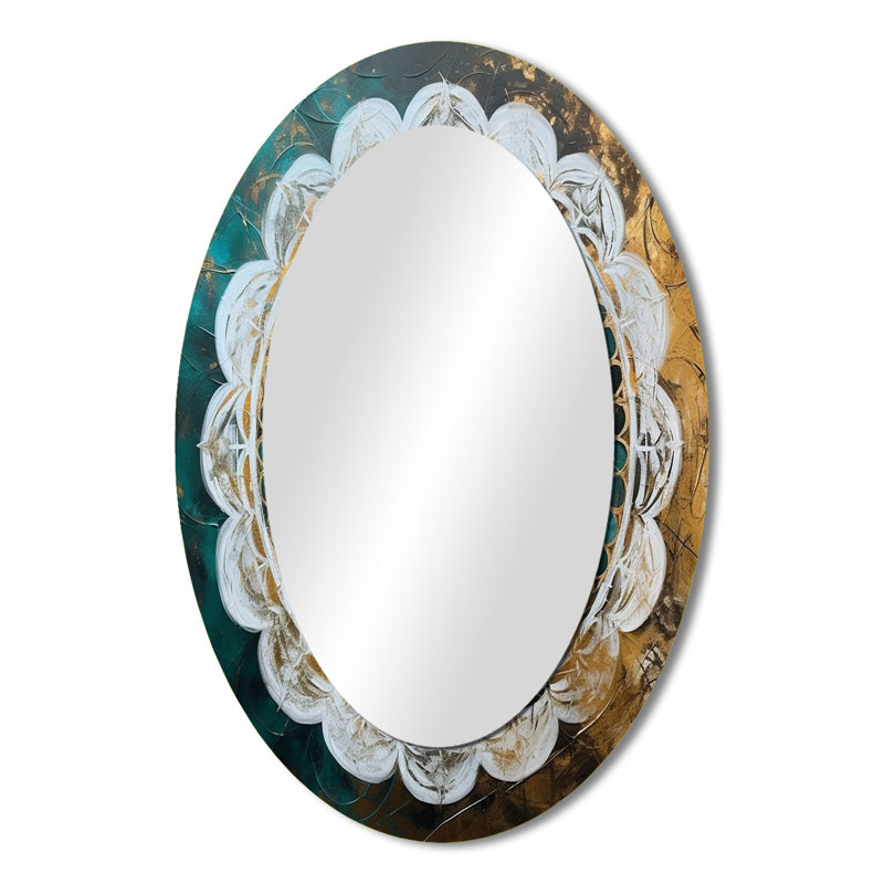 Teal And Gold Mandala I - Geometric Oval Decorative Mirror On Metal, 36" x 24"