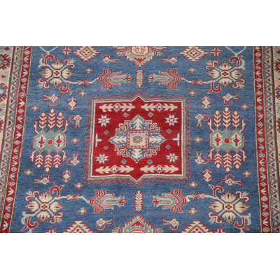 Tapis de salon Kazak bleu à motif géométrique 7 x 10