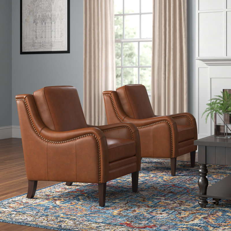 Amberlie 27.56" Wide Genuine Leather Armchair, Brown Genuine Leather