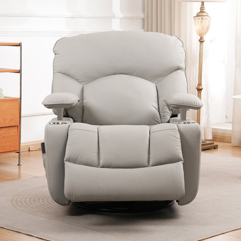 Modern Faux Leather Upholstered Recliner Chair, 270-Degree Swivel Rocker Recliner With Adjustable Armrest &Cup Holders For Nursing, And Living Room Relaxation, Gray