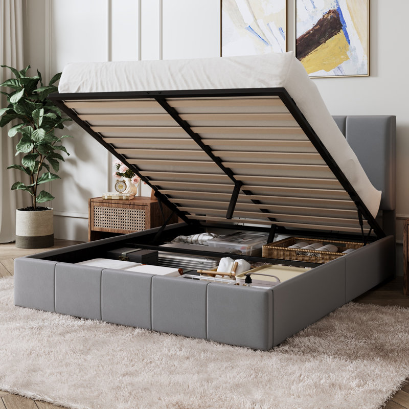 Hydraulic Lift Up Upholstered Platform Bed with Adjustable Headboard, Misty Gray, Full