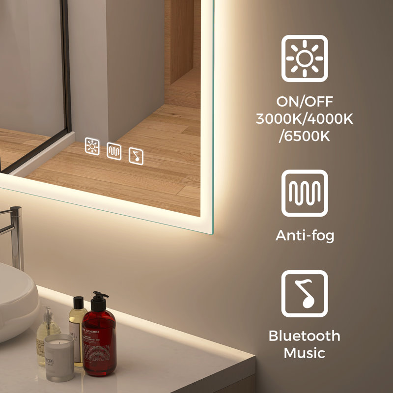 Wall-Mounted Bathroom Mirror with Lights, Fog-free, Inside Bluetooth Speaker, 60cm H x 80cm W
