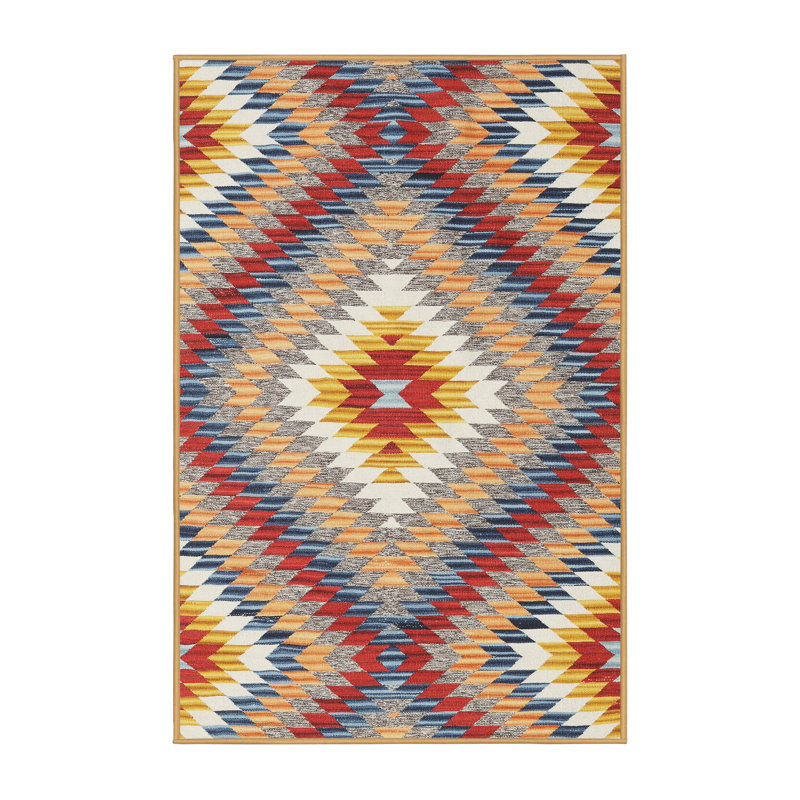Tapis contemporain rouge / vert / bleu, Rectangle 5 pi x 7 pi