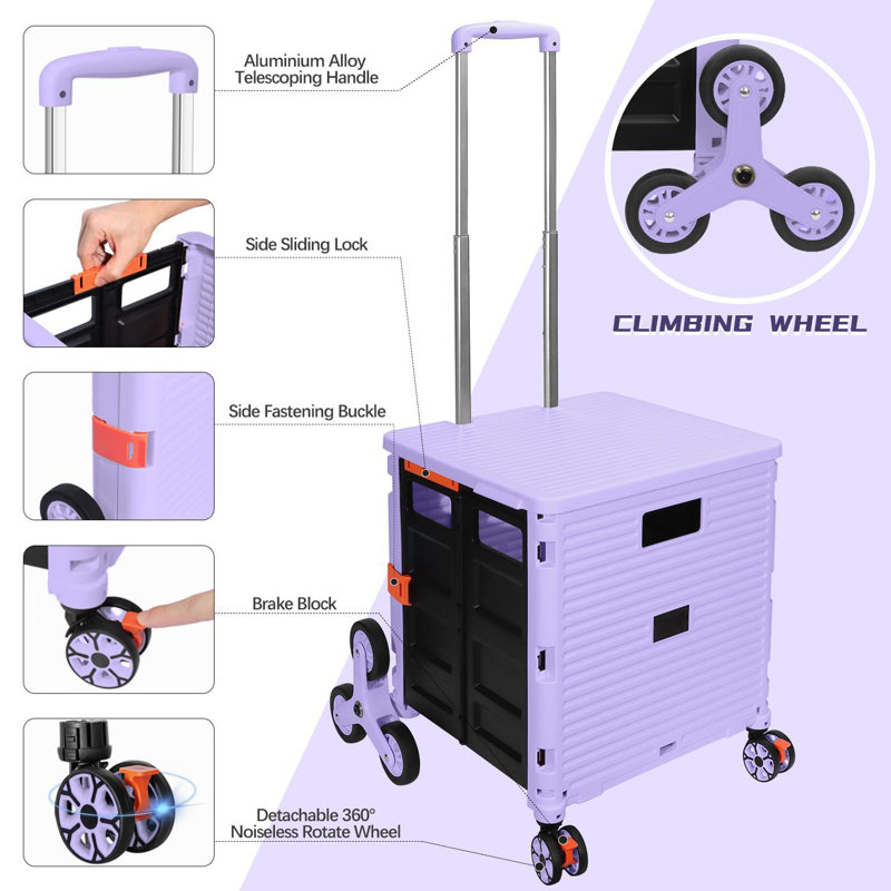 Foldable Utility Cart Collapsible Crate Rolling Carts With Stair Climbing Wheels Rolling Tote Basket Teacher Cart With Lid Wear-Resistant 360°Rotate Wheel Noiseless