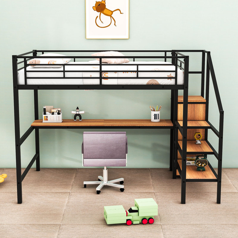 Full Size Metal Loft Bed With Built-In Desk, LED Lighting, Wardrobe And Storage Staircase, Black