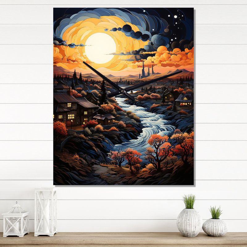 Horloge murale Vangogh Village au coucher du soleil I - Vangogh, Médium
