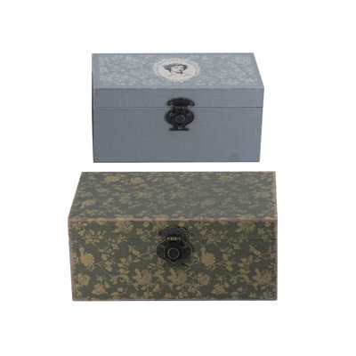 Set of 2 Antique Decorative Boxes with Lady Portrait and Olive Floral Patterns in Linen and MDF