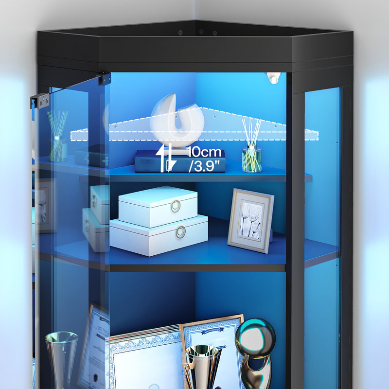 Vitrine d'angle avec portes en verre, armoire d'angle avec 3 lumières DEL de couleur