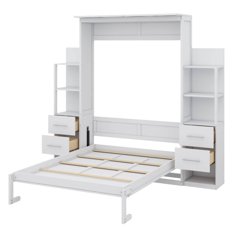 Lit escamotable pleine grandeur mural avec 4 tiroirs, éclairage à DEL et tablettes de rangement, fabrication en bois