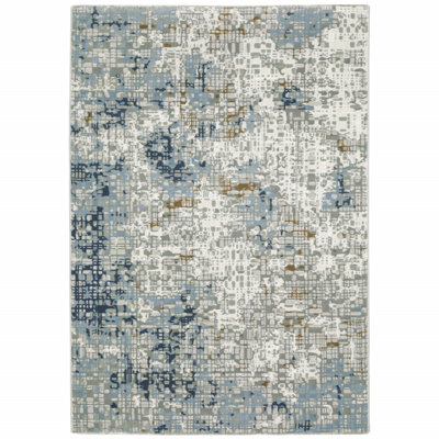Tapis 3 pi x 5 pi bleu, ivoire, gris, brun, beige et bleu clair tissé à la machine