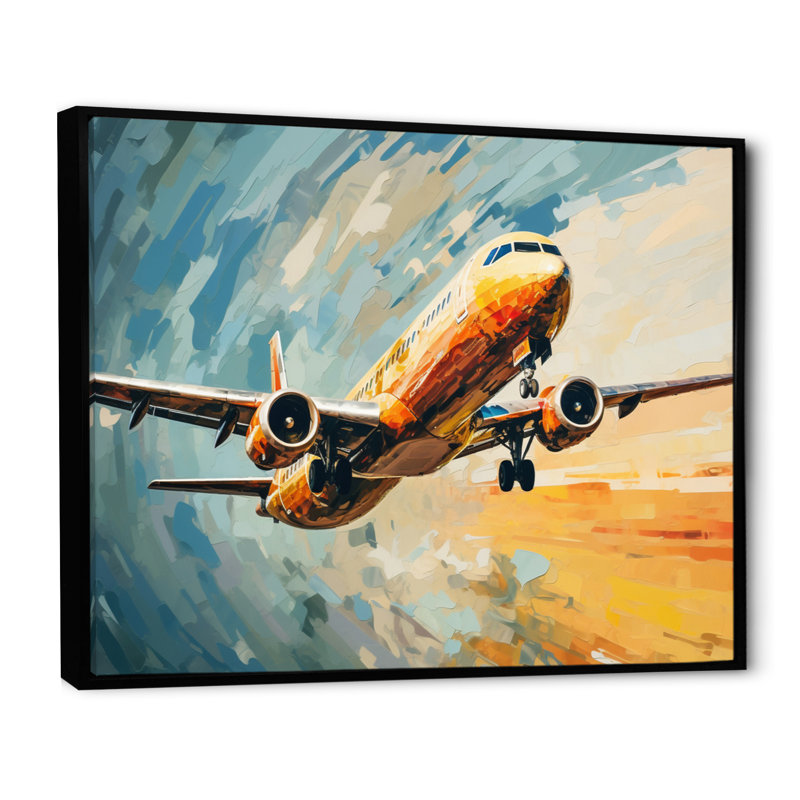 Avion bleu sarcelle sous un nuage abstrait sur toile, Cadre flottant noir, H 12 po x l 20 po x P 1 po