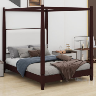 Lit plateforme à baldaquin élégant avec tête de lit tapissier et système de support à lattes en bois durable