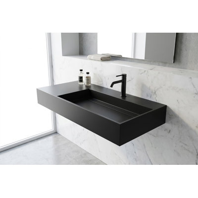 Lavabo de salle de bain mural rectangulaire 36 po avec drain dissimulé Juniper - noir, avec trou pour robinet