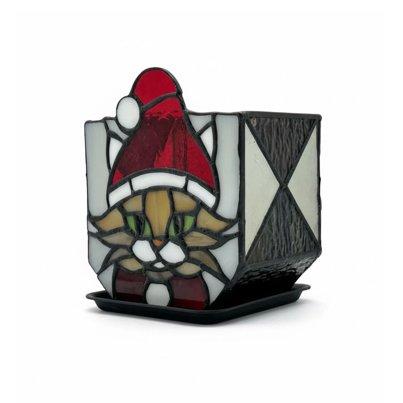 Stained Glass Christmas Cat Planter - Cute Indoor Pot, Decorative, Christmas Candle Holder, Plant Lady Gift (4.6"D x 3"W x 5.15"H)