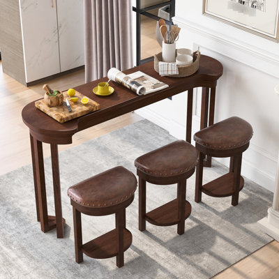 Ensemble de table de bar et 3 tabourets en bois massif cerisier, 4 pièces, conçu pour les collations, rembourré, facile à installer et personnalisable.