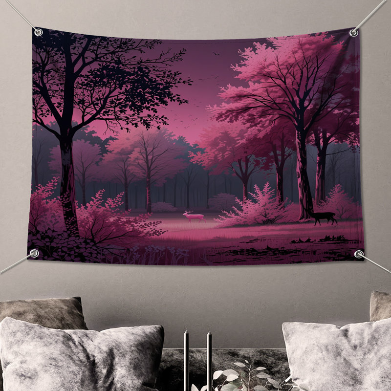 Tapisserie murale forêt rose avec cerf, H 50 po x l 60 po avec 4 œillets