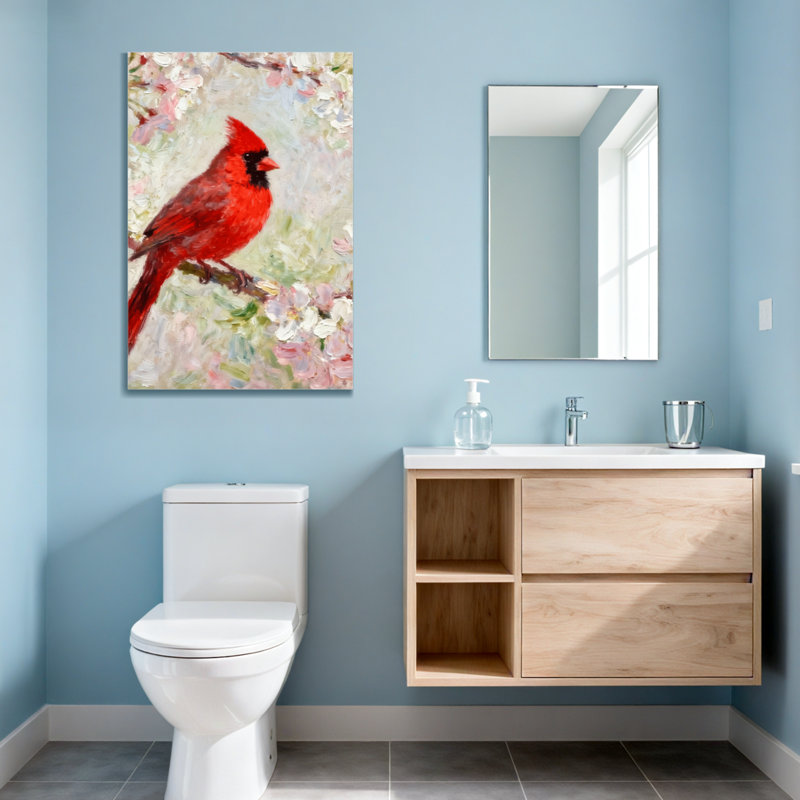 Animaux cardinaux perchés parmi les cerisiers en fleurs, H 18 po x l 12 po