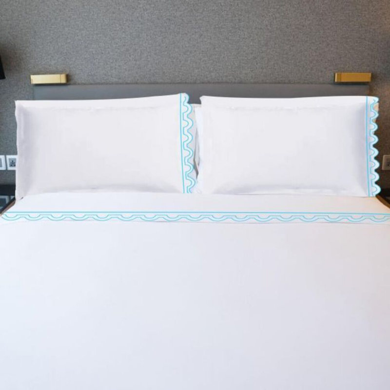 400TC U Shape Scallop Embroidery Cotton 4 Piece Sheet Set Fitted Sheet Fits Upto 16" Deep Pocket, Twin Fitted Sheet