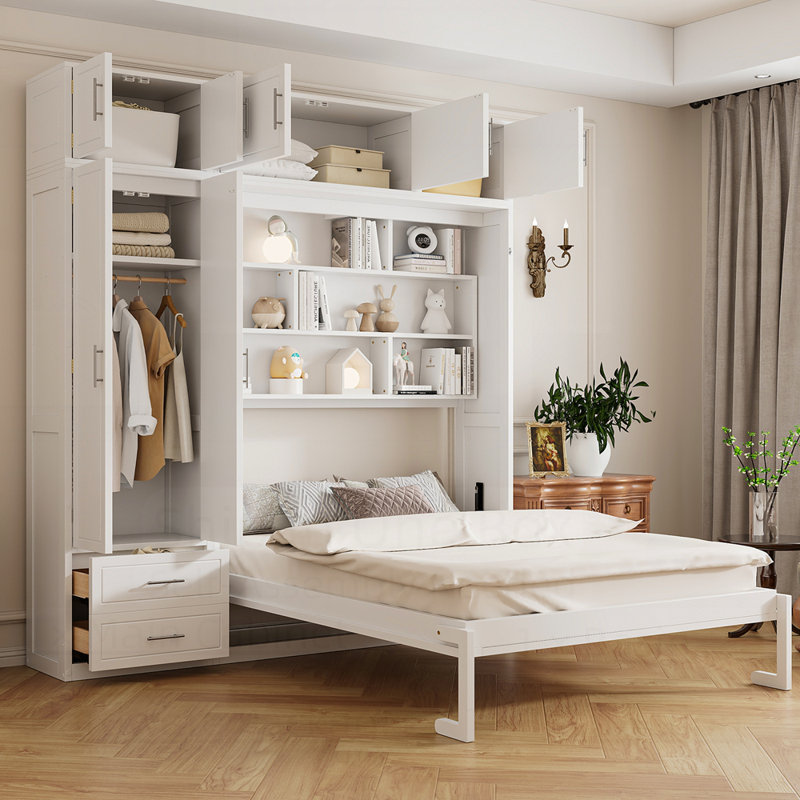 Grand lit escamotable mural avec armoires, tablettes, garde-robe et tiroirs, grand lit pliant, blanc, Blanc