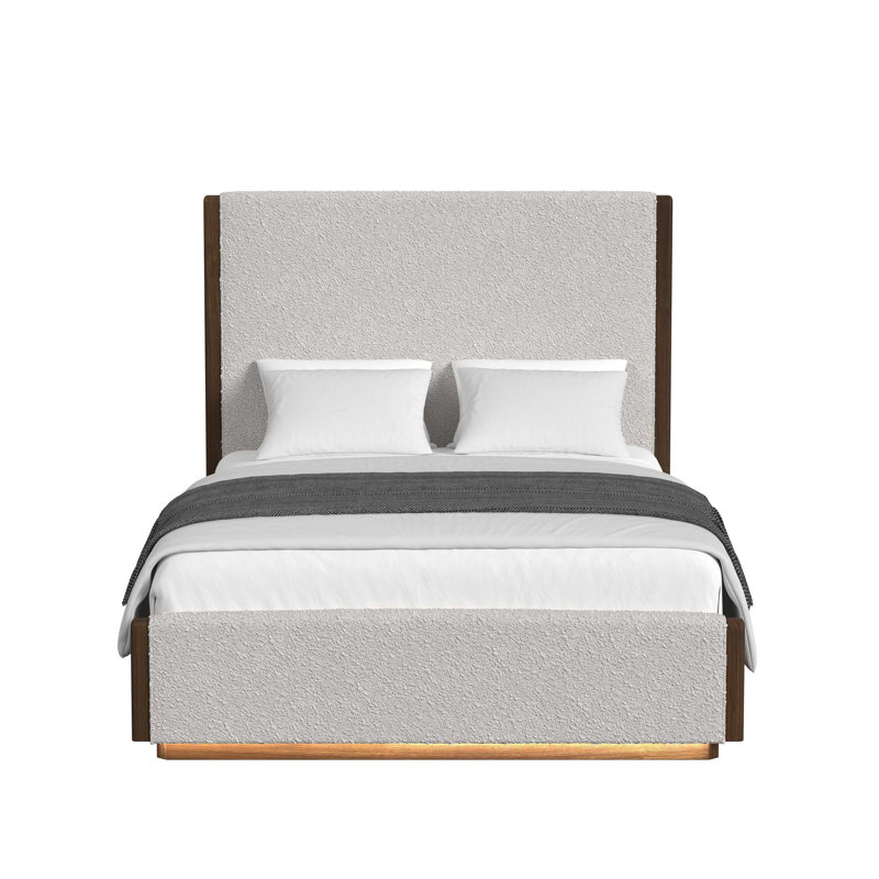 Lit très grand Ouida UPH avec boucle beige et DEL en brun, Très grand lit