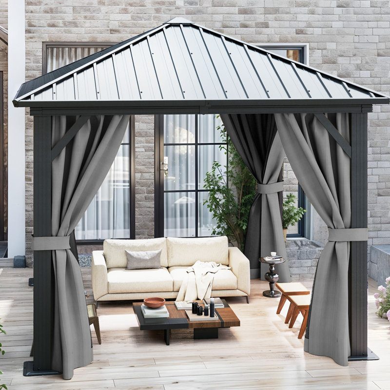 10 Ft. W x 10 Ft. D Aluminum Patio Gazebo with Gray Curtains, 10 Ft. W x 10 Ft. D